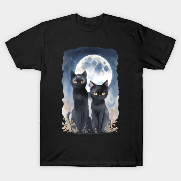 Mysterious black cats under full moon in dark atmosphere, watercolor style T-Shirt by Collagedream